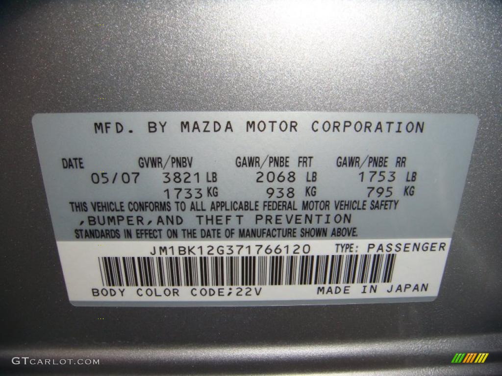 2007 MAZDA3 Color Code 22V for Sunlight Silver Metallic Photo #48220226