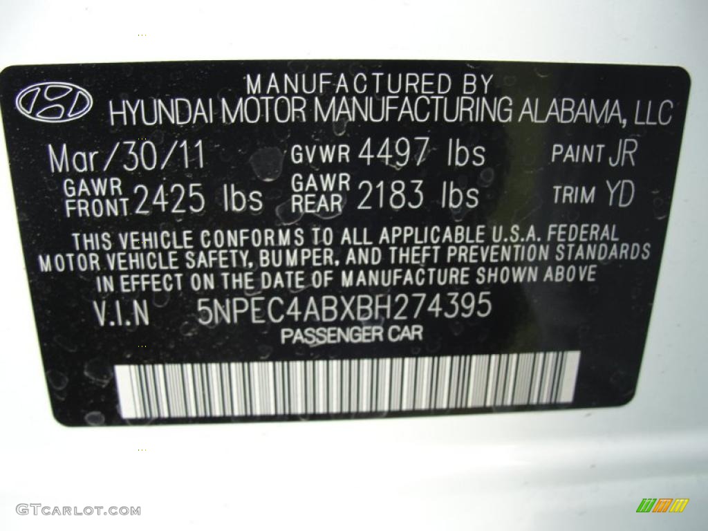 2011 Sonata Color Code JR for Pearl White Photo #48231128