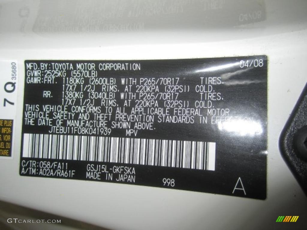 2008 FJ Cruiser Color Code 058 for Iceberg White Photo #48262137