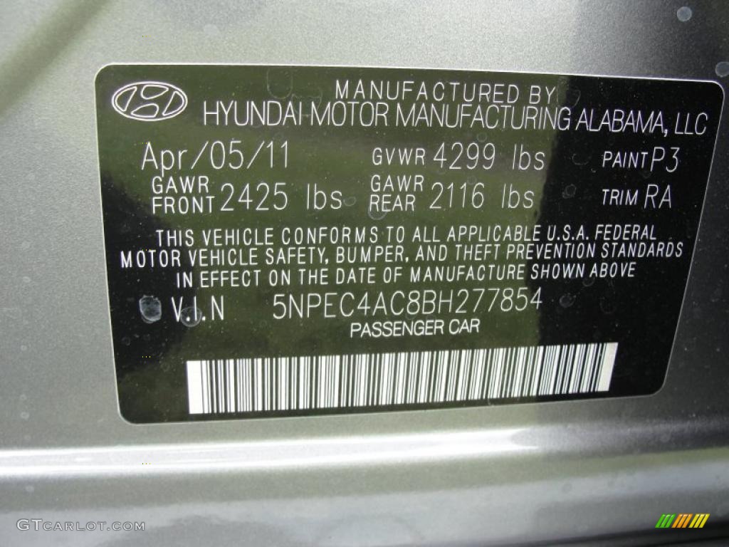 2011 Sonata Color Code P3 for Harbor Gray Metallic Photo #48277768