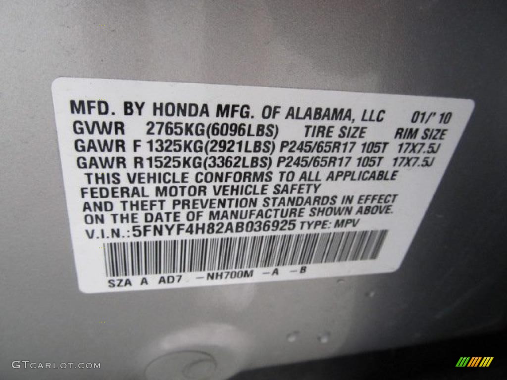 2010 Pilot Color Code NH700M for Alabaster Silver Metallic Photo #48290287
