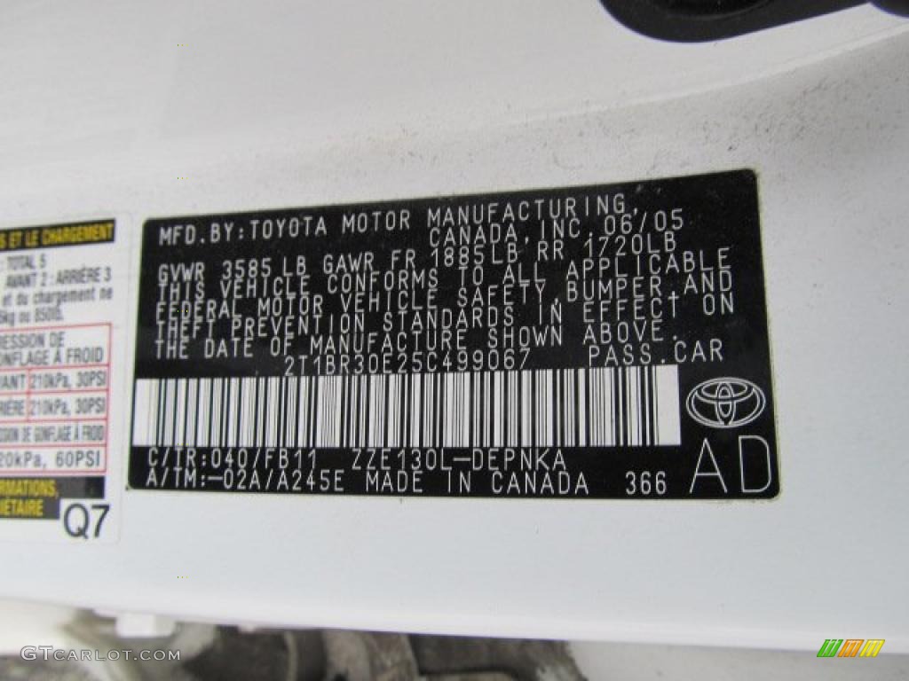 2005 Corolla Color Code 040 for Super White Photo #48294448