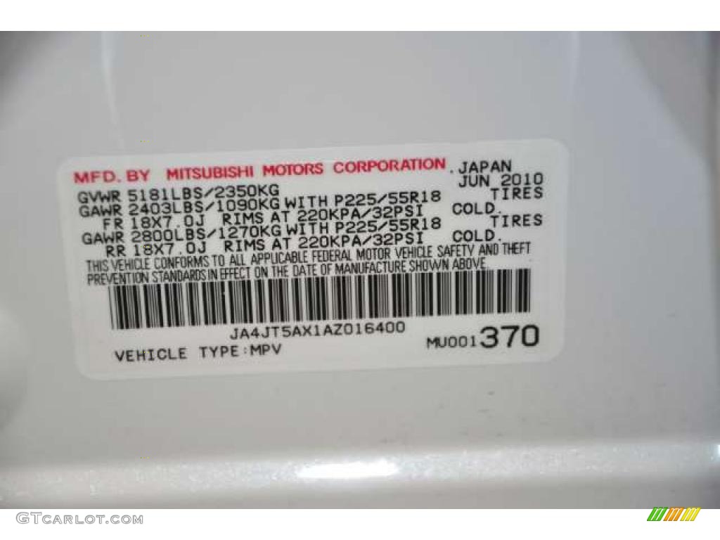 2010 Mitsubishi Outlander GT 4WD Info Tag Photo #48305902