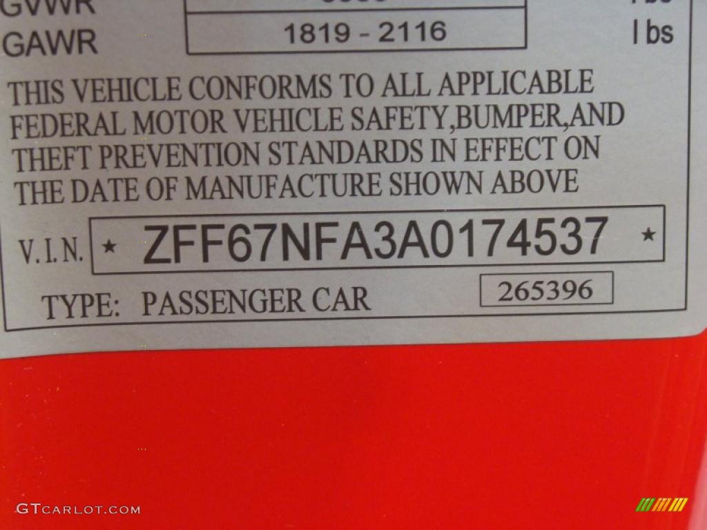 2010 Ferrari 458 Italia Info Tag Photo #48310222