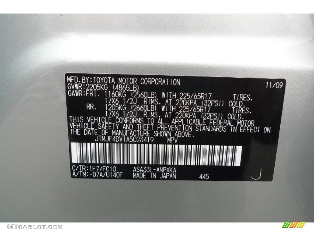 2010 RAV4 Color Code 1F7 for Classic Silver Metallic Photo #48316162