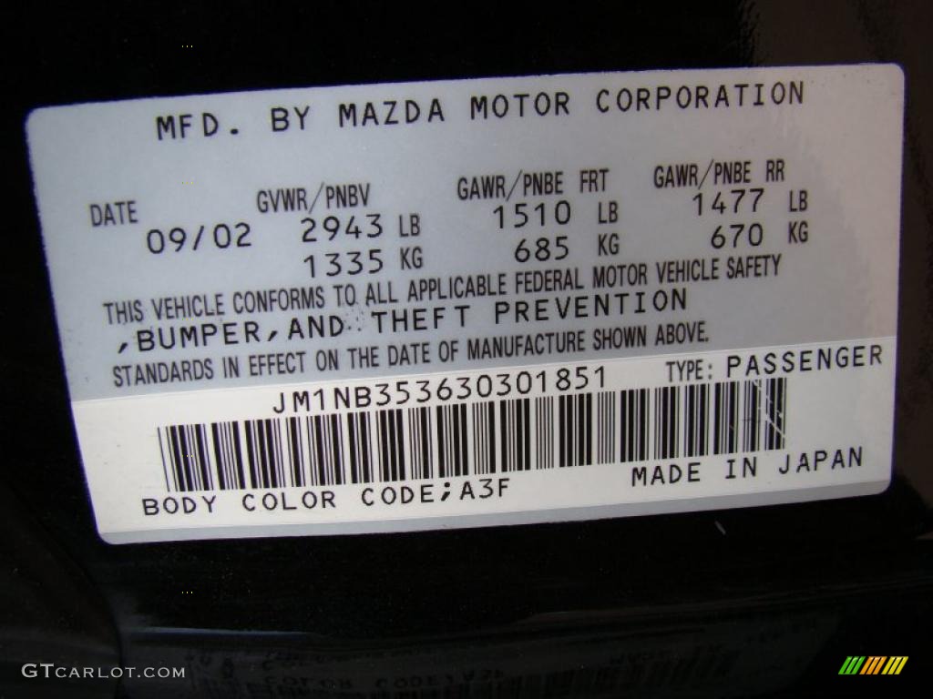 2003 MX-5 Miata Color Code A3F for Brilliant Black Photo #48356146