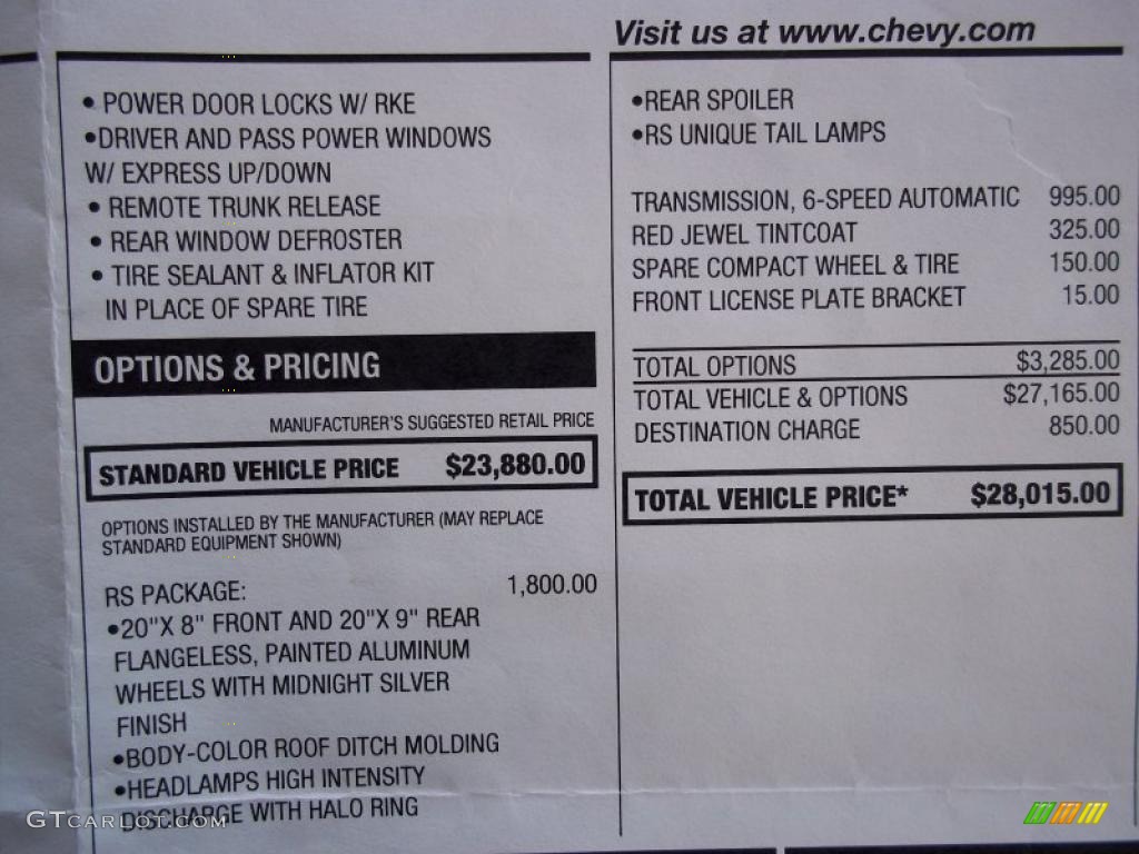 2011 Chevrolet Camaro LT/RS Coupe Window Sticker Photo #48364540