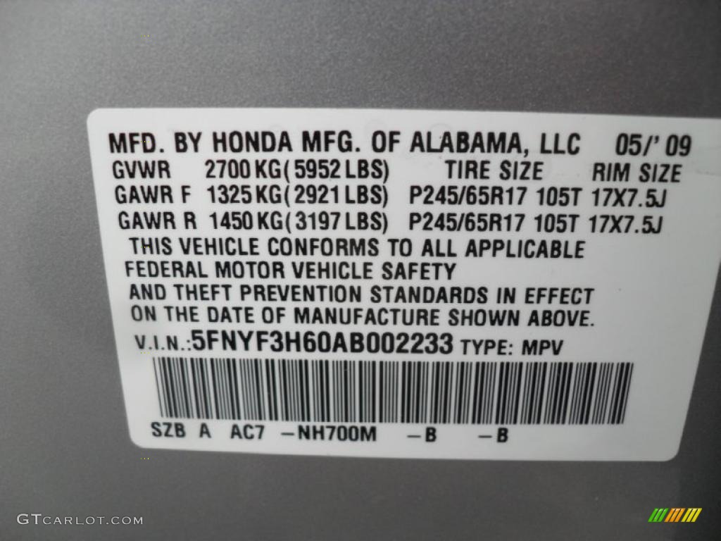 2010 Pilot Color Code NH700M for Alabaster Silver Metallic Photo #48385643