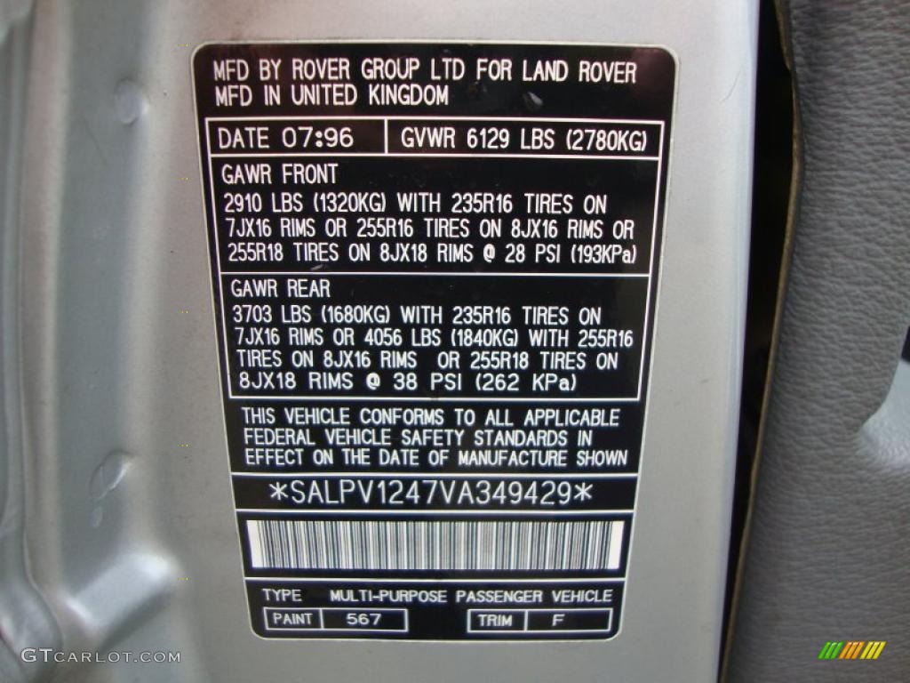 1997 Land Rover Range Rover SE Color Code Photos