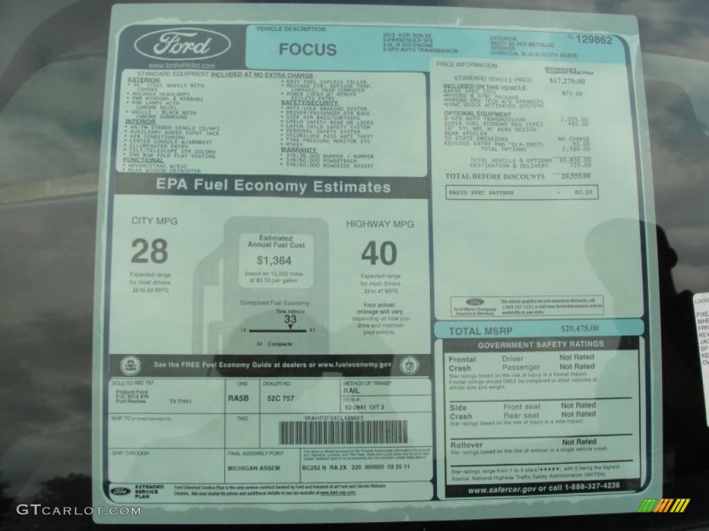 2012 Ford Focus SE SFE Sedan Window Sticker Photo #48401381