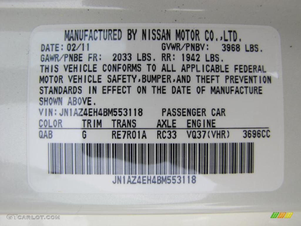 2011 370Z Color Code QAB for Pearl White Photo #48416713