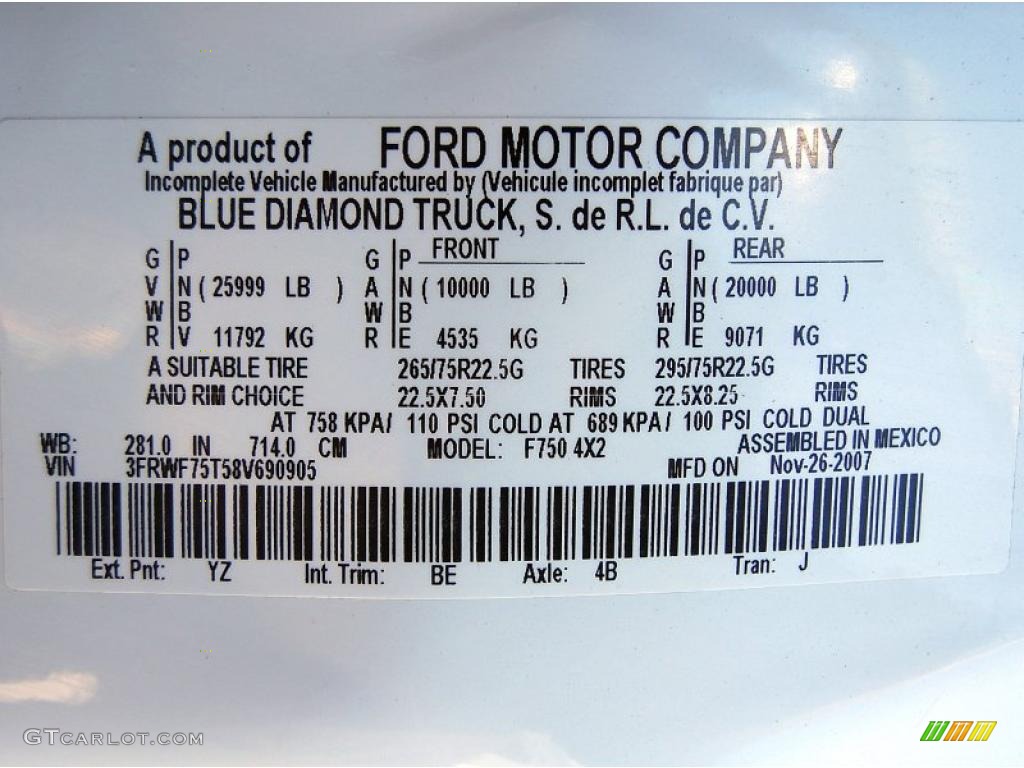 2008 F750 Super Duty Color Code YZ for Oxford White Photo #48421474