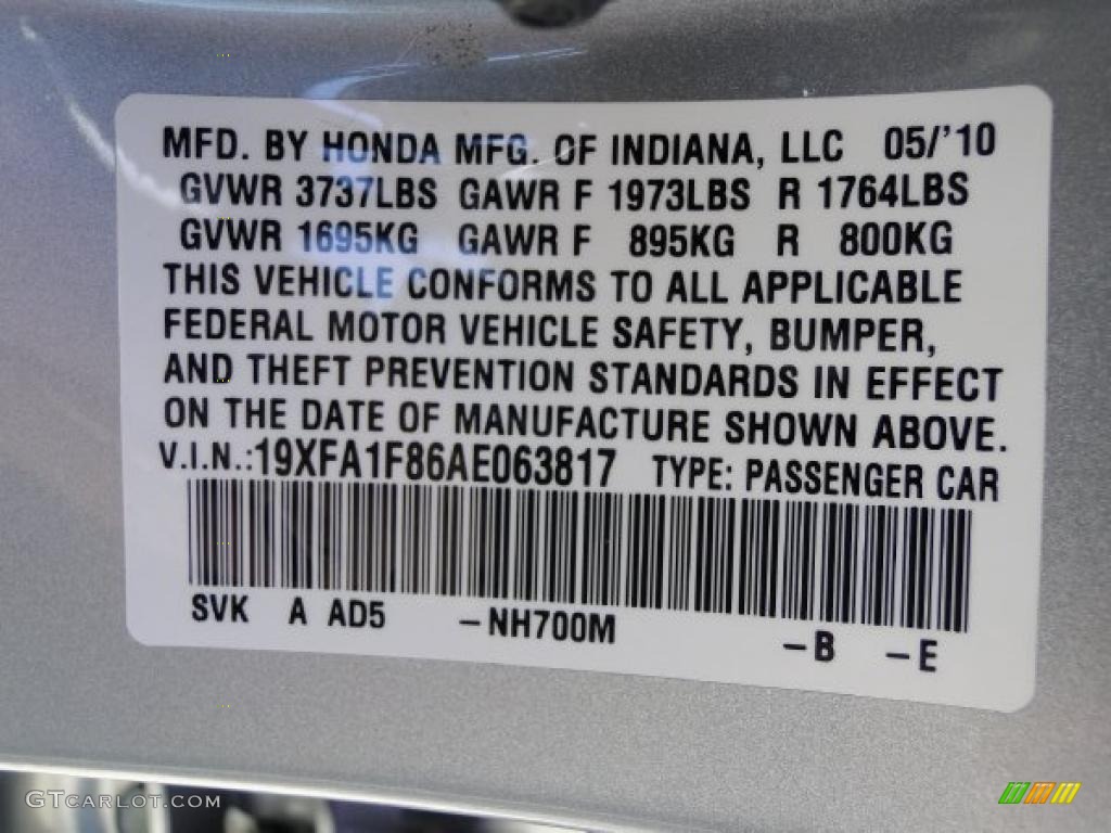 2010 Civic Color Code NH700M for Alabaster Silver Metallic Photo #48451714