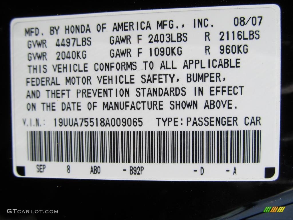2008 TL Color Code B92P for Nighthawk Black Pearl Photo #48454360