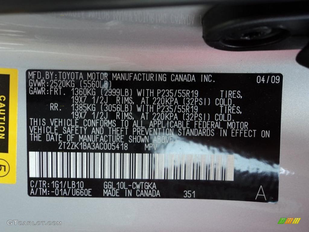 2010 RX Color Code 1G1 for Tungsten Silver Pearl Photo #48470685