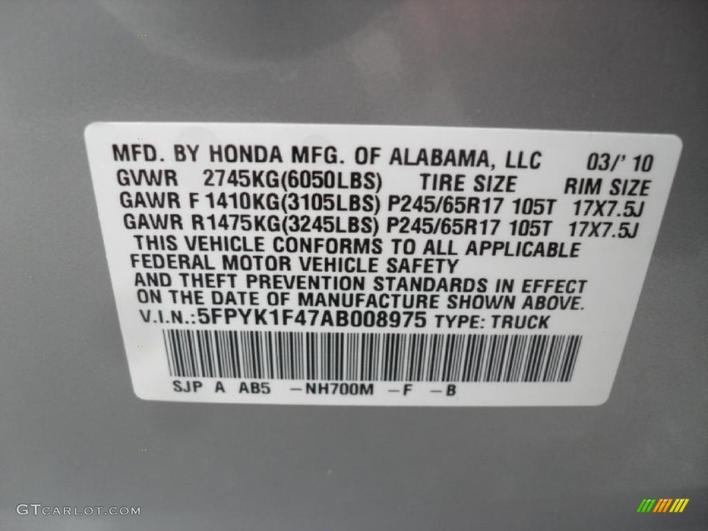 2010 Ridgeline Color Code NH700M for Alabaster Silver Metallic Photo #48475476