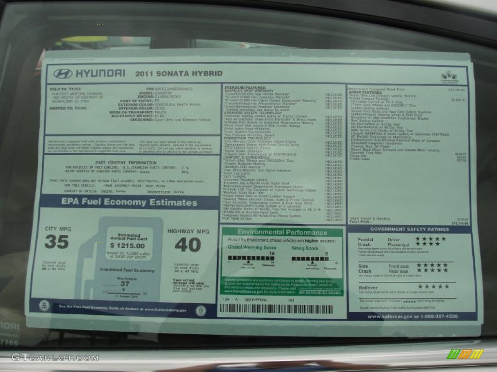 2011 Hyundai Sonata Hybrid Window Sticker Photo #48477621