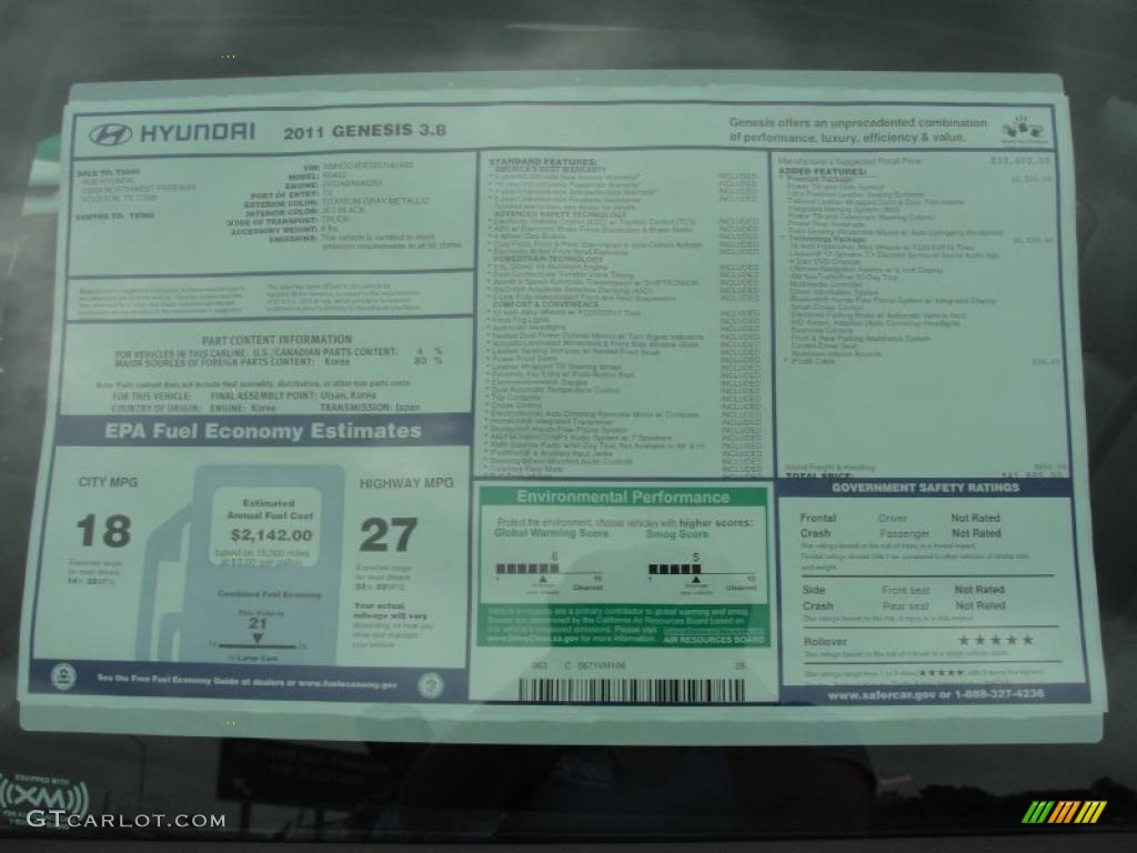 2011 Hyundai Genesis 3.8 Sedan Window Sticker Photo #48484551