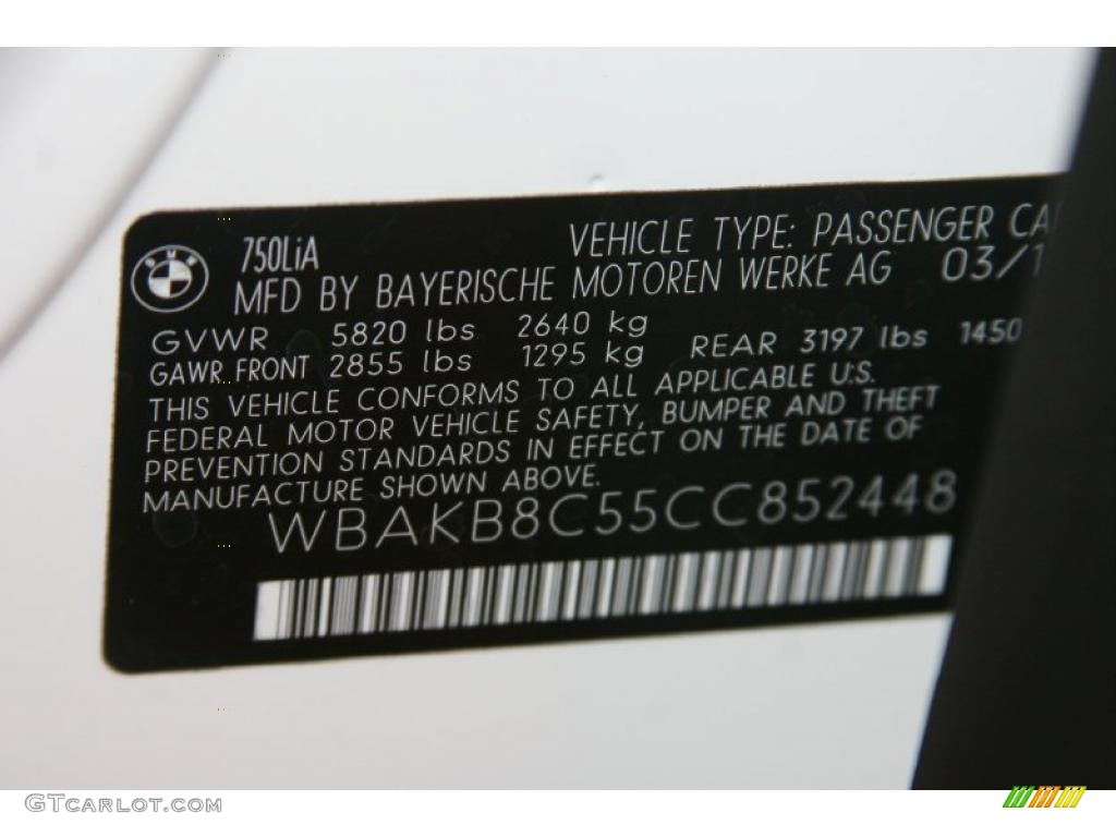 2012 BMW 7 Series 750Li Sedan Info Tag Photo #48489427