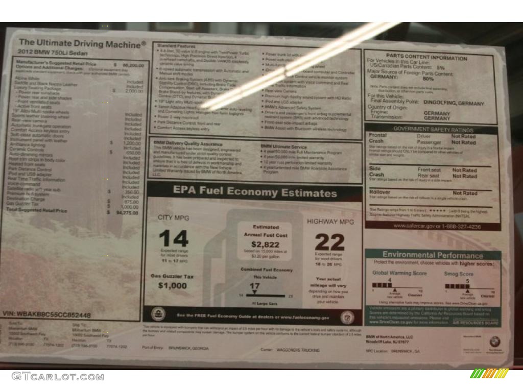 2012 BMW 7 Series 750Li Sedan Window Sticker Photo #48489661
