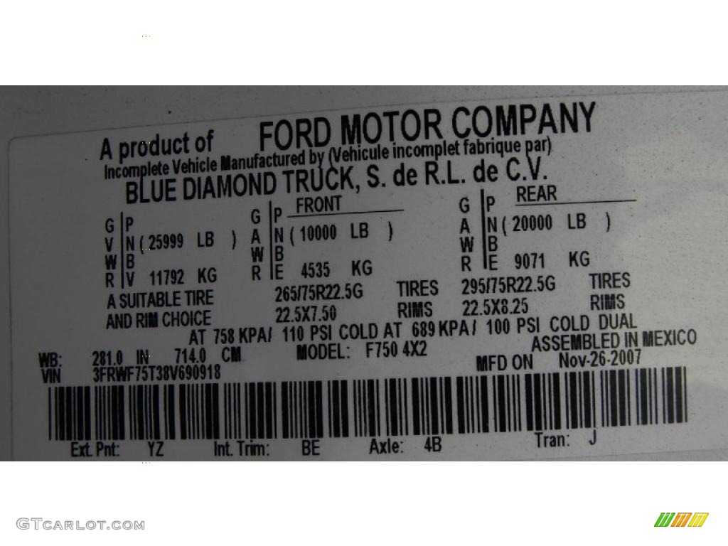 2008 Ford F750 Super Duty XL Chassis Regular Cab Moving Truck Color Code Photos