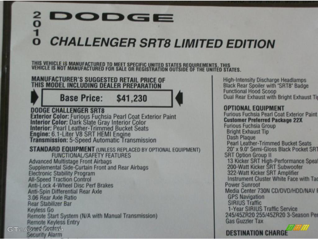 2010 Dodge Challenger SRT8 Furious Fuchsia Edition Window Sticker Photo #48506762