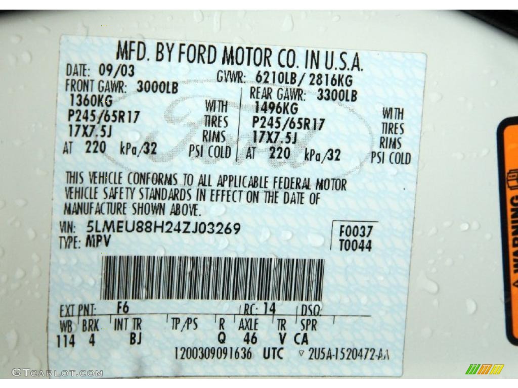 2004 Aviator Color Code F6 for Ceramic White Tri Coat Photo #48510616