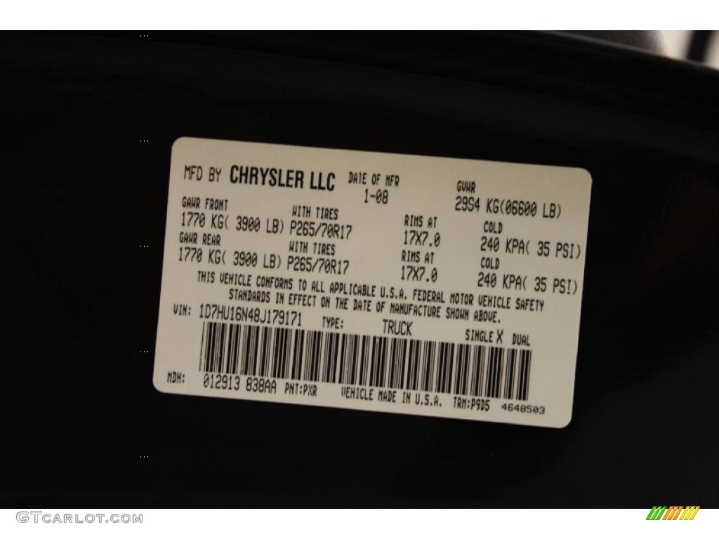 2008 Ram 1500 Color Code PXR for Brilliant Black Crystal Pearl Photo #48518260
