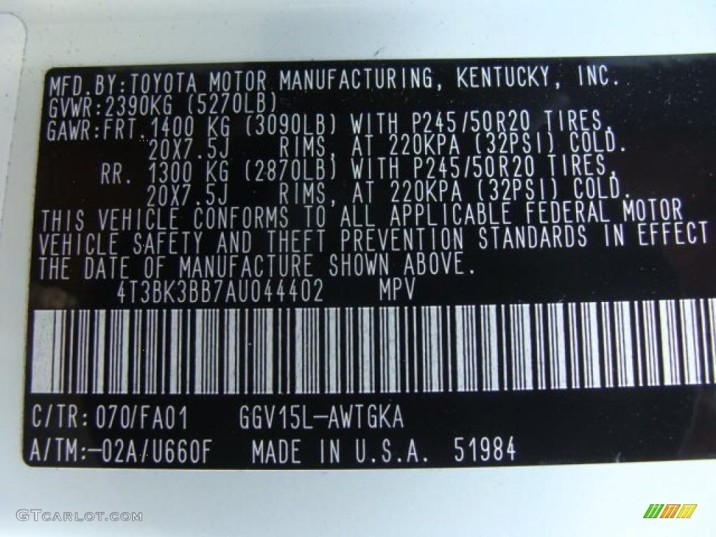 2010 Venza Color Code 070 for Blizzard White Pearl Photo #48541811