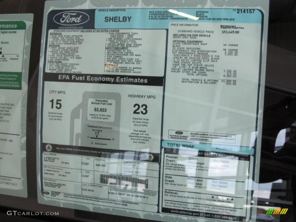 2012 Ford Mustang Shelby GT500 SVT Performance Package Convertible Window Sticker Photo #48547436