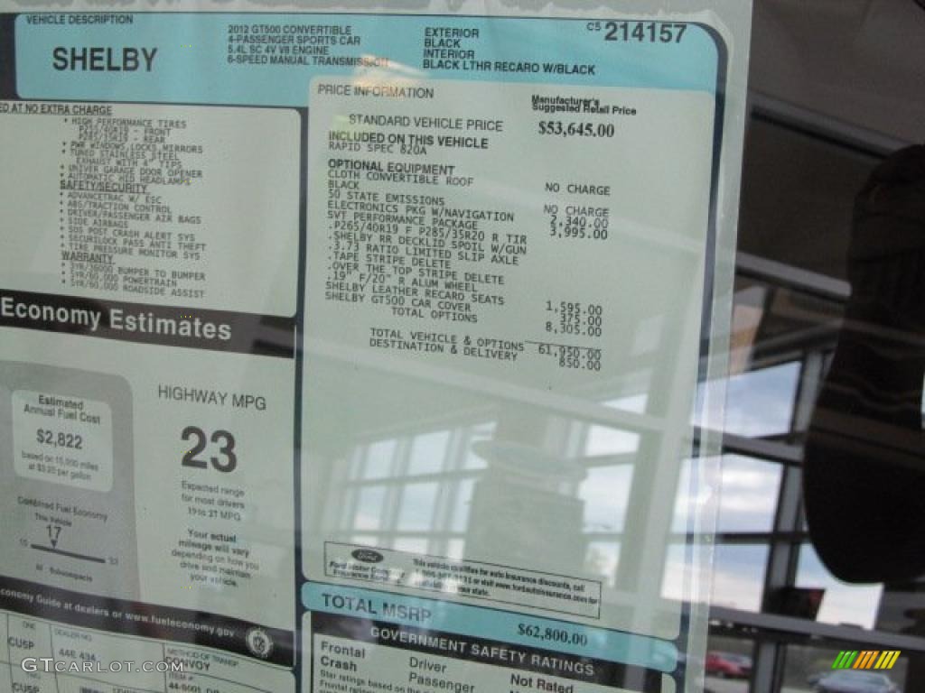 2012 Ford Mustang Shelby GT500 SVT Performance Package Convertible Window Sticker Photos