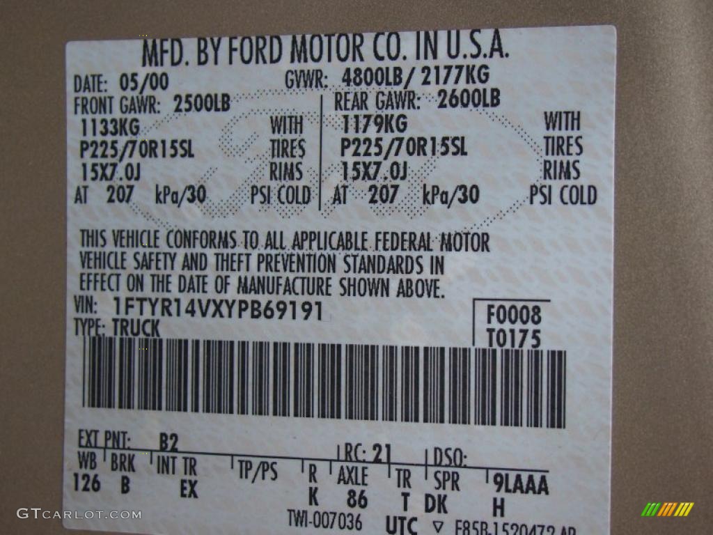 2000 Ranger Color Code B2 for Harvest Gold Metallic Photo #48559115