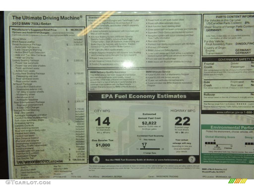 2012 BMW 7 Series 750Li Sedan Window Sticker Photo #48586600