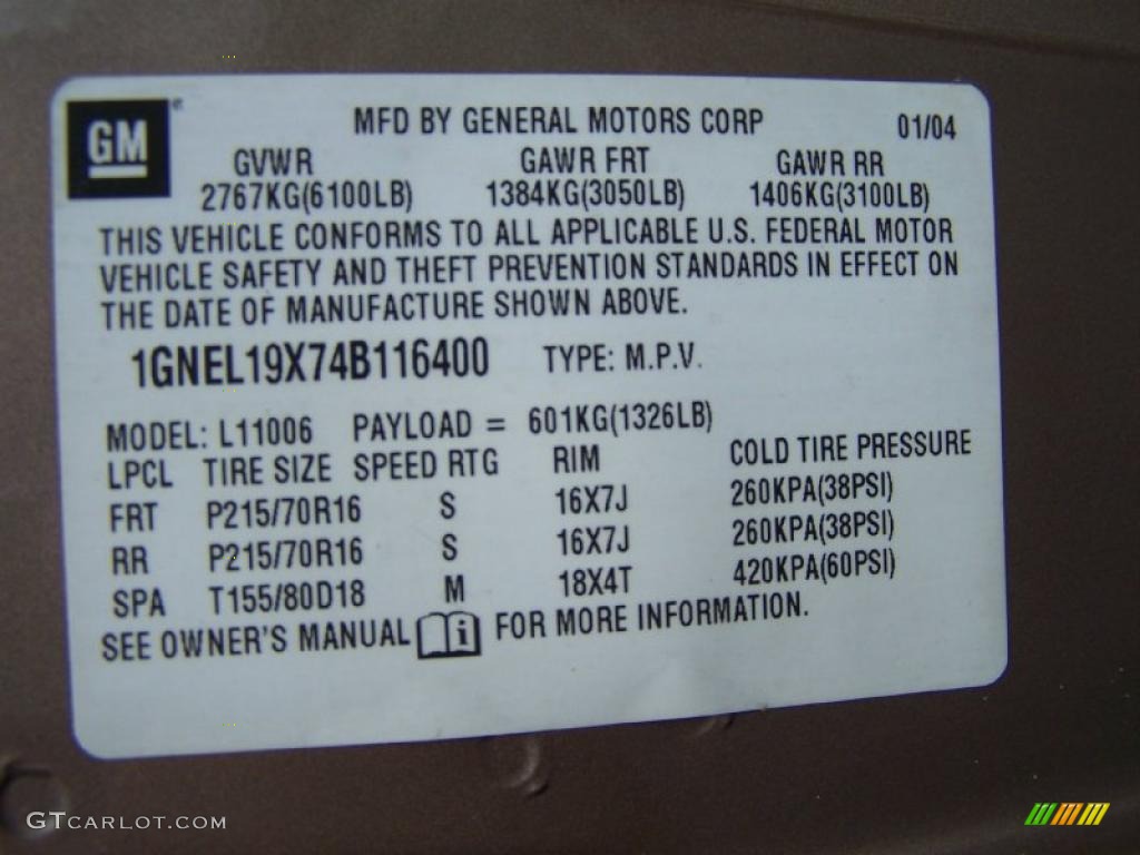 2004 Chevrolet Astro LS AWD Passenger Van Info Tag Photos
