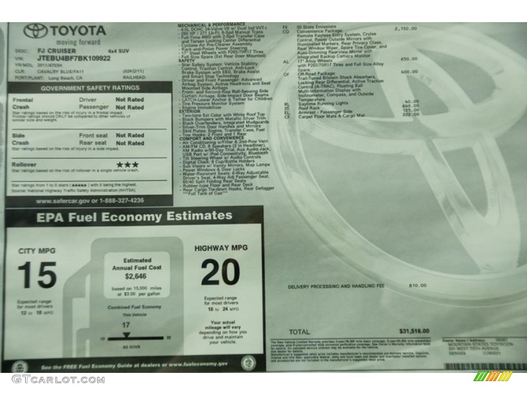 2011 Toyota FJ Cruiser 4WD Window Sticker Photo #48609809