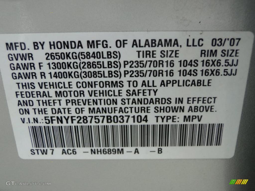 2007 Pilot Color Code NH689M for Billet Silver Metallic Photo #48614945