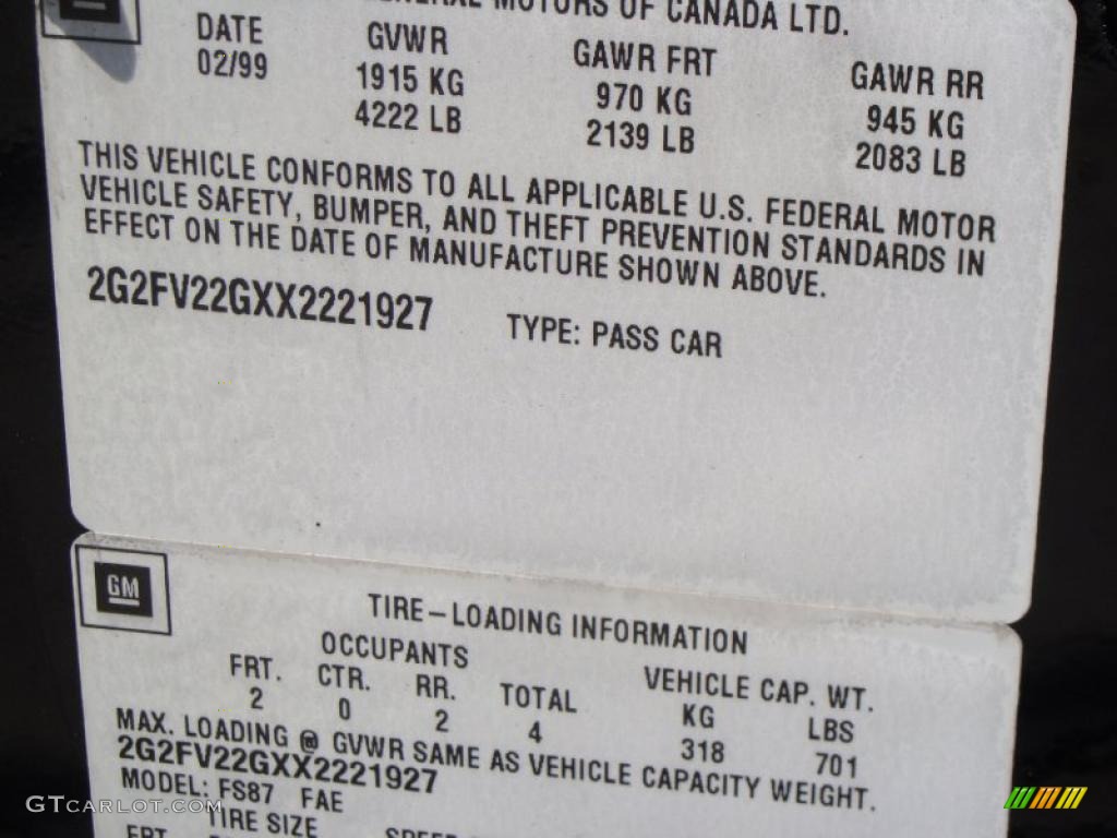 1999 Pontiac Firebird Formula Coupe Info Tag Photos