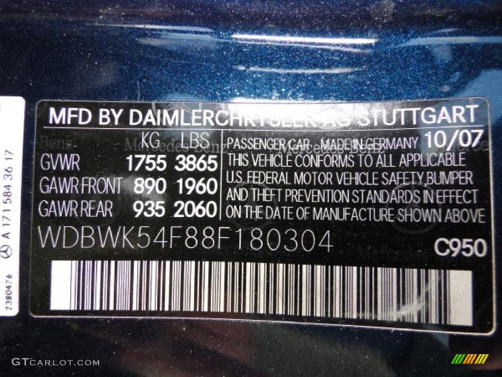 2008 SLK Color Code 950 for Caspian Blue Metallic Photo #48650317