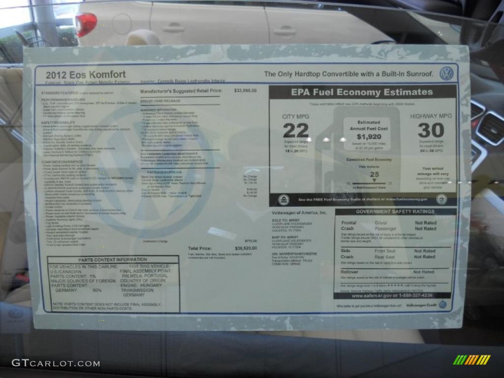 2012 Volkswagen Eos Komfort Window Sticker Photo #48652033