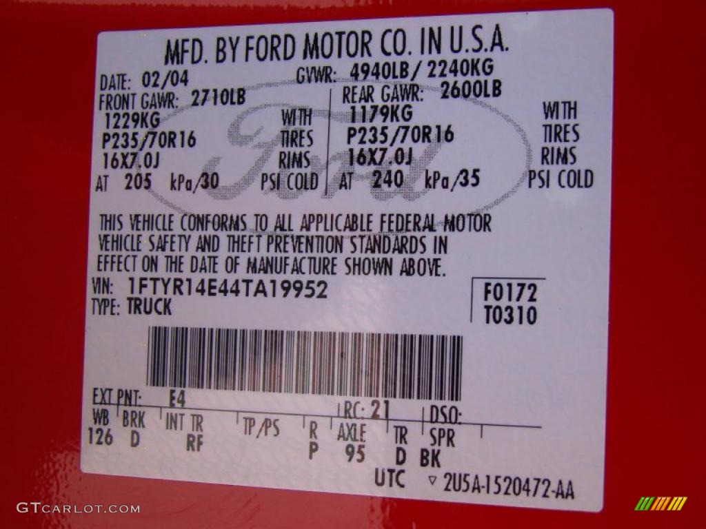 2004 Ford Ranger Edge SuperCab Color Code Photos