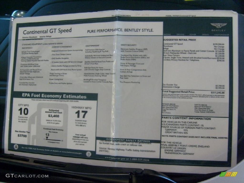 2008 Bentley Continental GT Speed Window Sticker Photo #48718622