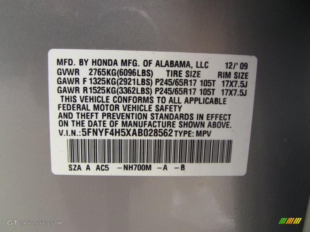 2010 Pilot Color Code NH700M for Alabaster Silver Metallic Photo #48724085