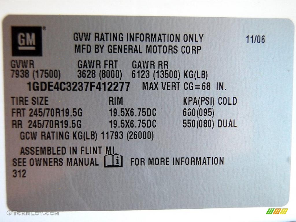 2007 GMC C Series TopKick C4500 Regular Cab Chassis Moving Truck Info Tag Photos