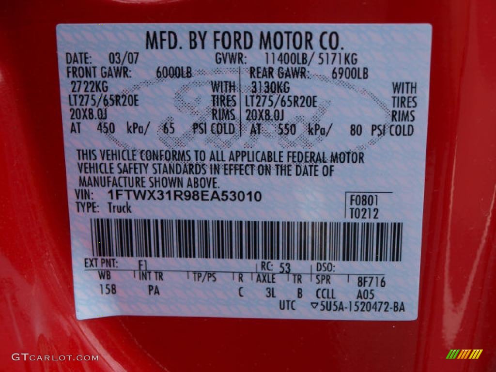 2008 F350 Super Duty Color Code F1 for Bright Red Photo #48735951