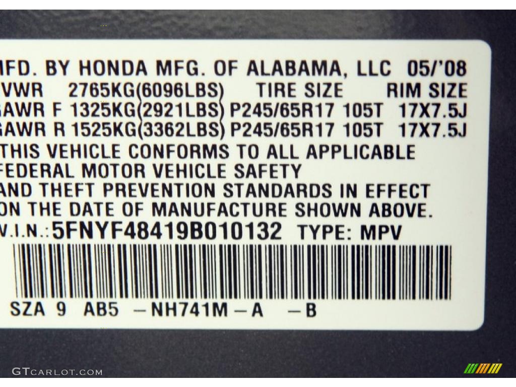 2009 Pilot Color Code NH741M for Sterling Gray Metallic Photo #48796936
