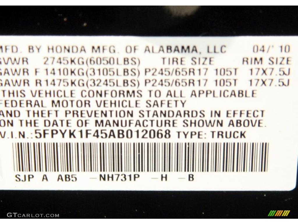 2010 Ridgeline Color Code NH731P for Crystal Black Pearl Photo #48798139