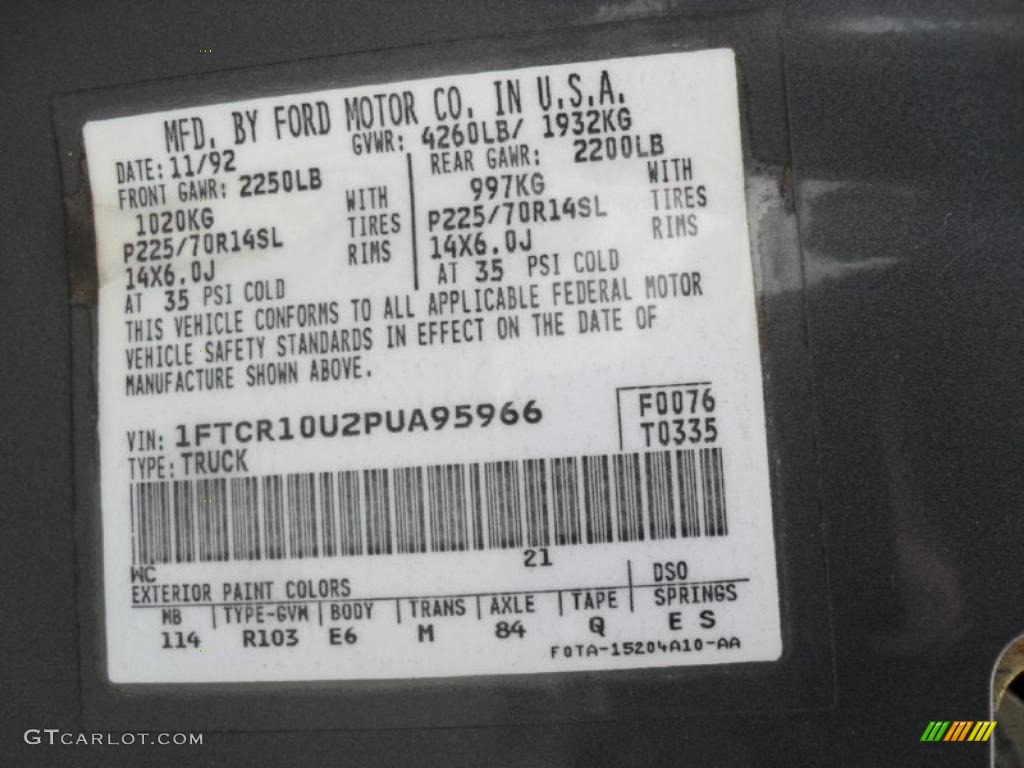 1993 Ford Ranger XLT Regular Cab Color Code Photos