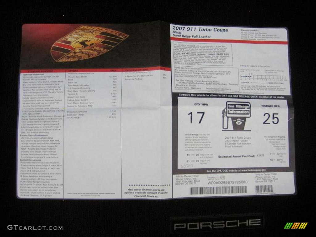 2007 Porsche 911 Turbo Coupe Window Sticker Photo #48824499