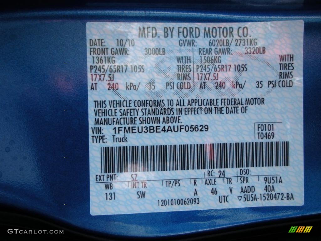2010 Ford Explorer Sport Trac XLT Color Code Photos