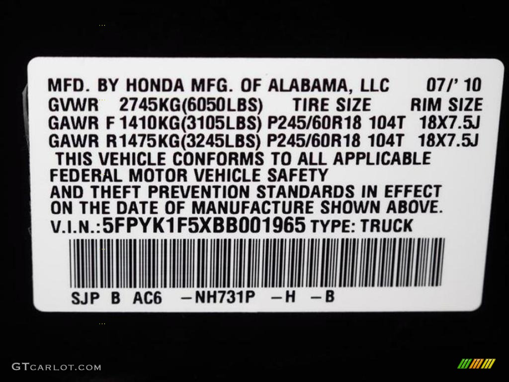 2011 Ridgeline Color Code NH731P for Crystal Black Pearl Photo #48850246